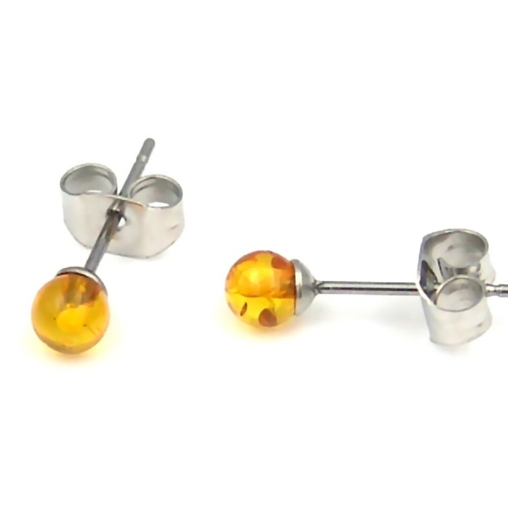 Yellow Amber Ball Stud Earrings Hypoallergenic Surgical Steel 4mm SMALL
